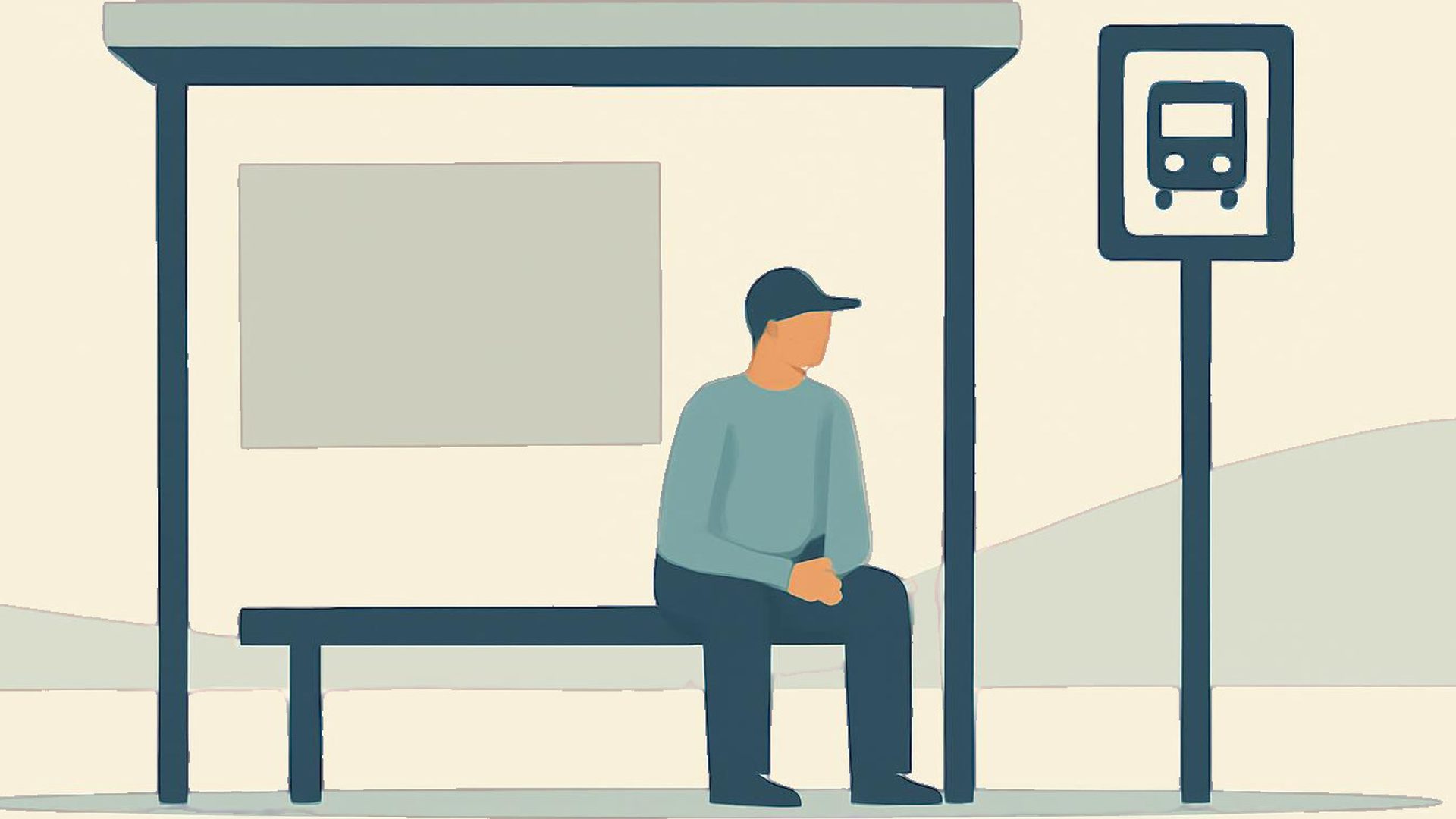 Generate Minimalistic man sitting and waiting at a bus stop clean vector art style simple geometric shapes uncluttered composition subtle colors modern minimal illustration in a modern vector art style with a flat design aesthetic