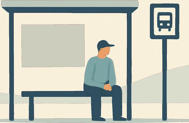 Generate Minimalistic man sitting and waiting at a bus stop clean vector art style simple geometric shapes uncluttered composition subtle colors modern minimal illustration in a modern vector art style with a flat design aesthetic