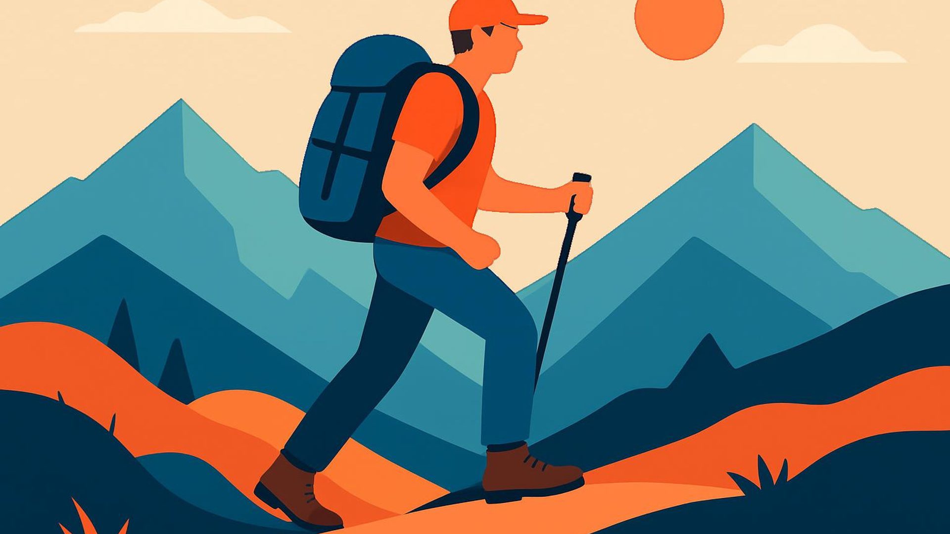 Generate man hiking mountains in vector art style in a modern vector art style with a flat design aesthetic