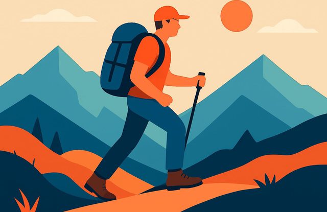 Generate man hiking mountains in vector art style in a modern vector art style with a flat design aesthetic