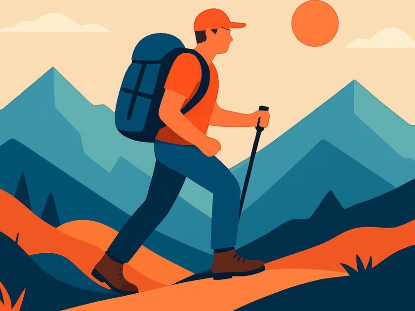 Generate man hiking mountains in vector art style in a modern vector art style with a flat design aesthetic