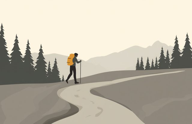 Minimalist vector illustration of a man starting to navigate a hiking path in nature clean modern composition simple shapes subdued color palette mountains and trees in the background peacefu