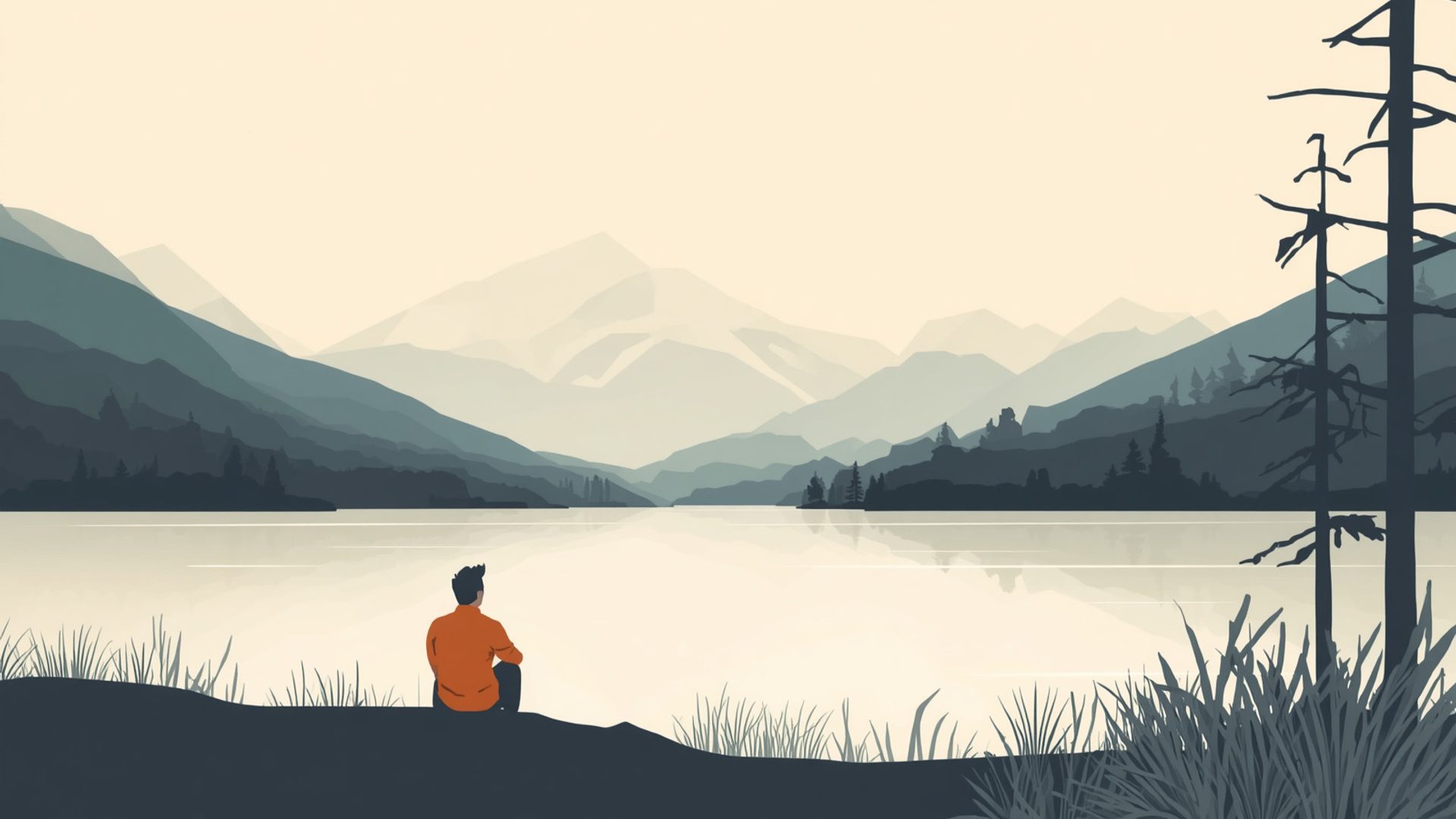 Minimalistic vector art illustration of a man sitting near a lake in nature clean modern composition simple shapes subdued color palette uncluttered scene