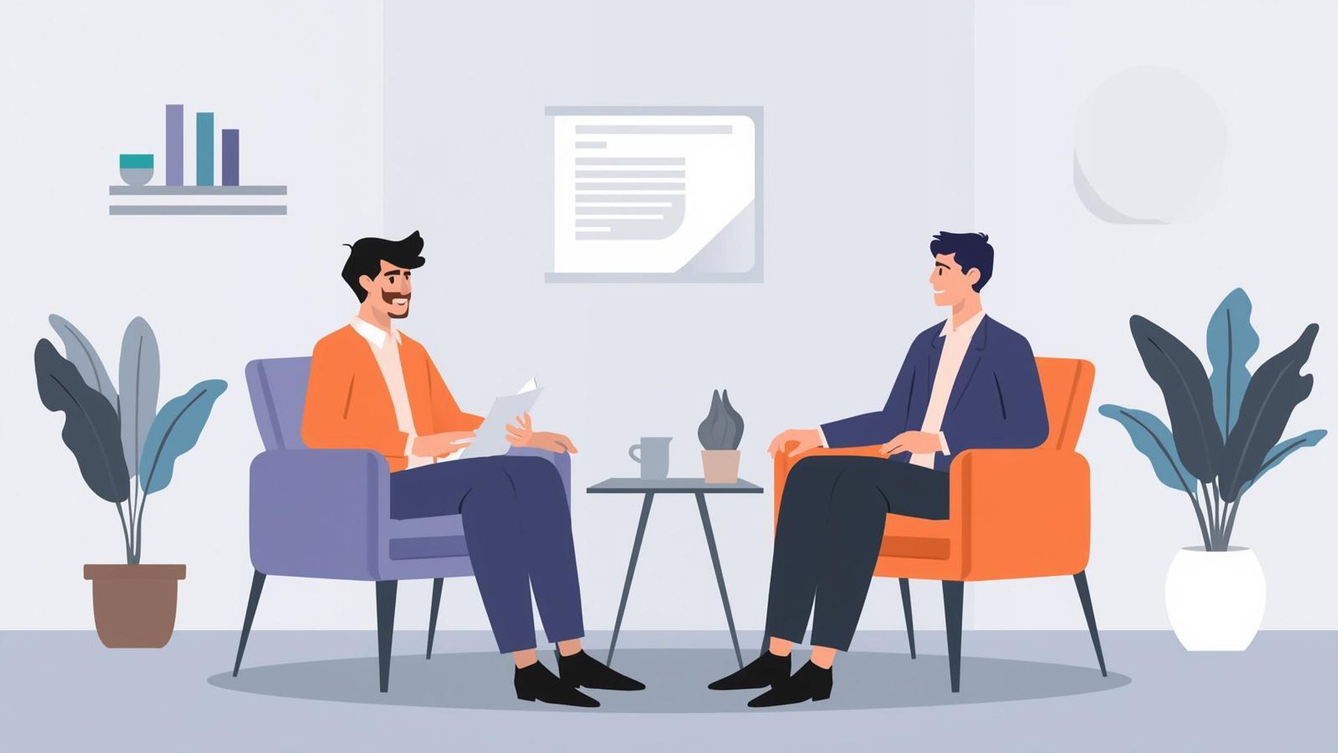 Therapy session with men in mind vector art style professional counseling setting male client and therapist in conversation modern office environment clean lines and flat design aesthetic