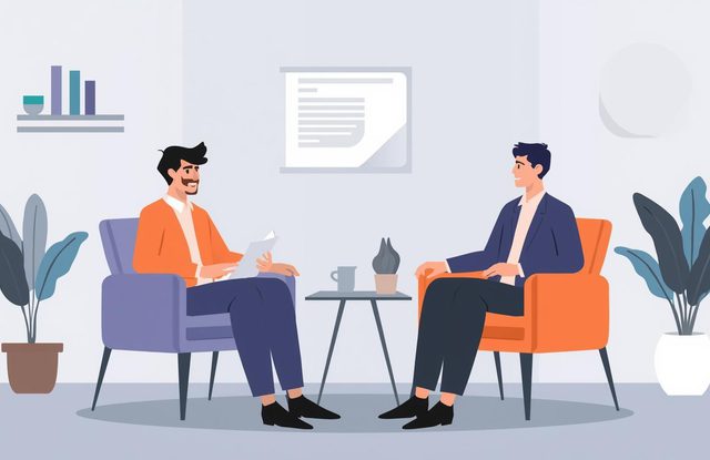 Therapy session with men in mind vector art style professional counseling setting male client and therapist in conversation modern office environment clean lines and flat design aesthetic