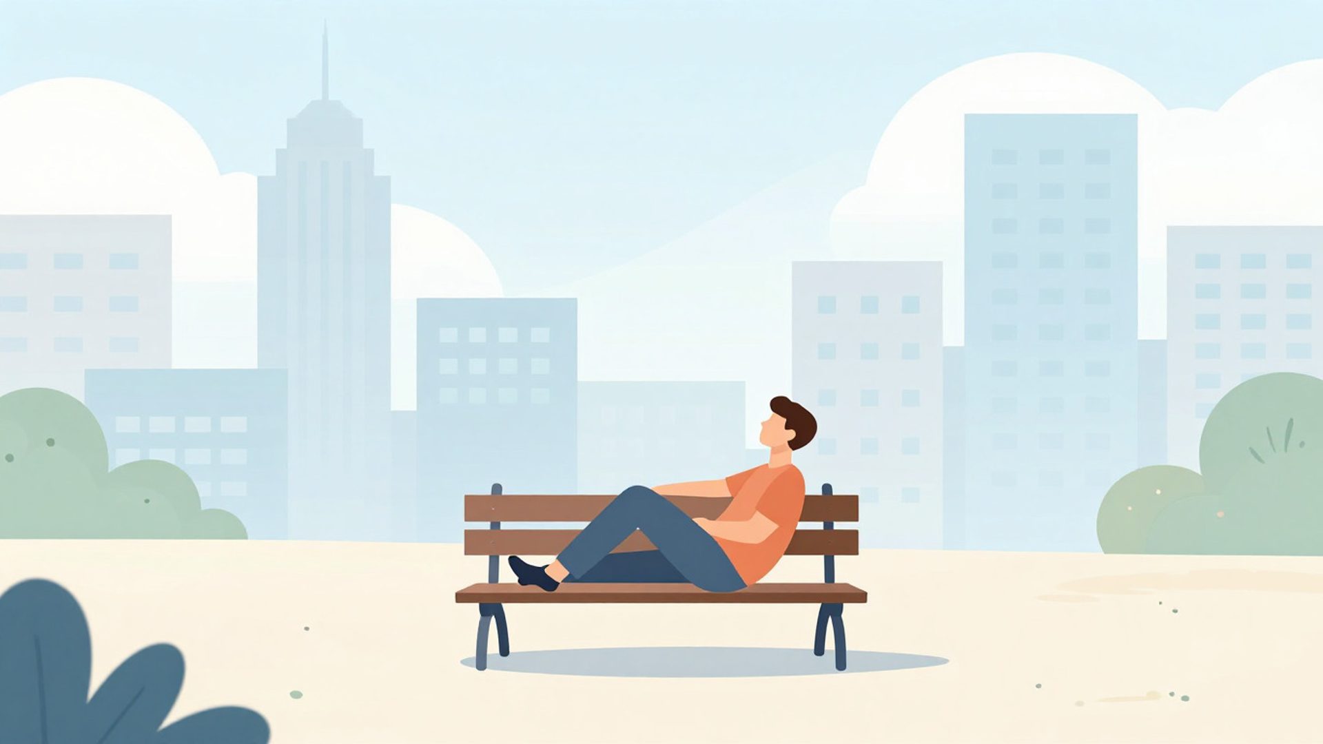 Man relaxing in an urban city scene flat 2 D vector illustration minimal clean design simple shapes uncluttered composition